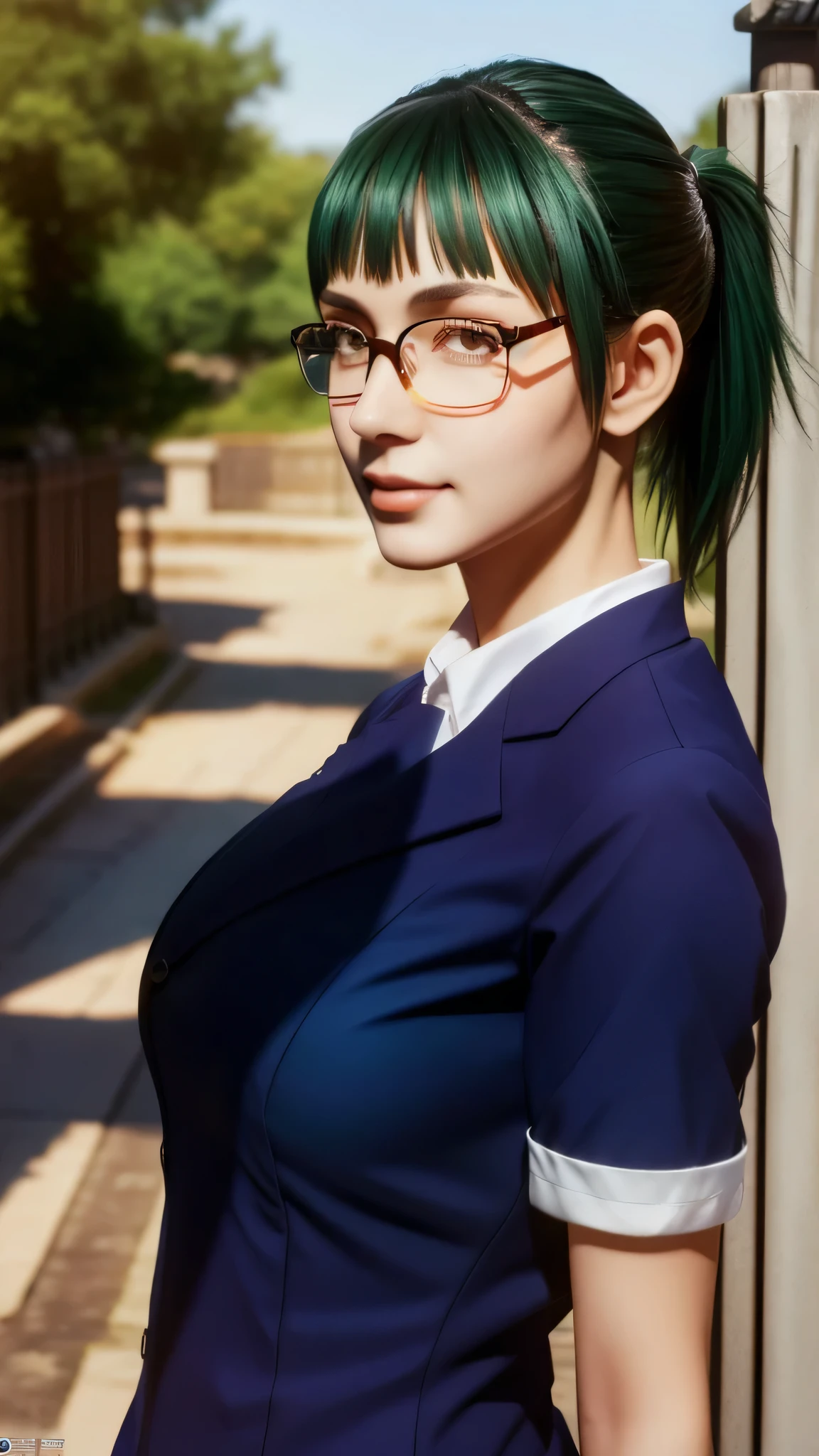 Highest quality, masterpiece, One person, (alone:1.1), Ray Tracing, Super detailed,Detailed face, 8k wallpaper, Wide Hips, Zenin MakiNDV, One person, Green Hair, Brown eyes, Large Breasts, ponytail, Glasses, Navy blue school uniform, Navy blue jacket, Navy Blue Skirt, Outdoor, From the side, View your viewers, Zenin Maki