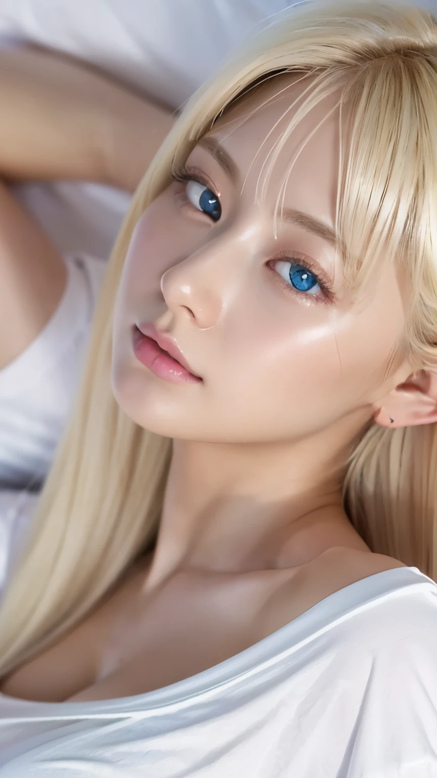 An innocent 20-year-old beautiful platinum blonde、Beautiful, shiny, super long, natural platinum blonde hair、Bangs between the eyes falling on the face、((Wearing an open white T-shirt,Dramatic Pose)),Sexy look,Super long straight blonde silky hair,dazzling blonde reflected light、Bed Background,Beach Background、RAW Photos, (8k、Highest quality、masterpiece:1.2)、(Intricate details:1.4)、(Realistic:1.4)、Octane Rendering、Intricate 3D rendering Super Detailed, Studio Soft Light, Rim Light, Sharp details, Super Detail, Realistic skin texture, Cheek gloss highlighter、Detailed aspect, Very beautiful big bright light blue eyes, Very big eyes、Highly detailed CG Unity 16k wallpaper, Perfect small face beauty、Round face、compensate, (Detailed Background:1.2), Glowing Skin, whole body、From head to thighs、Cleavage,((Sleeping on your back、Angle of view from above))