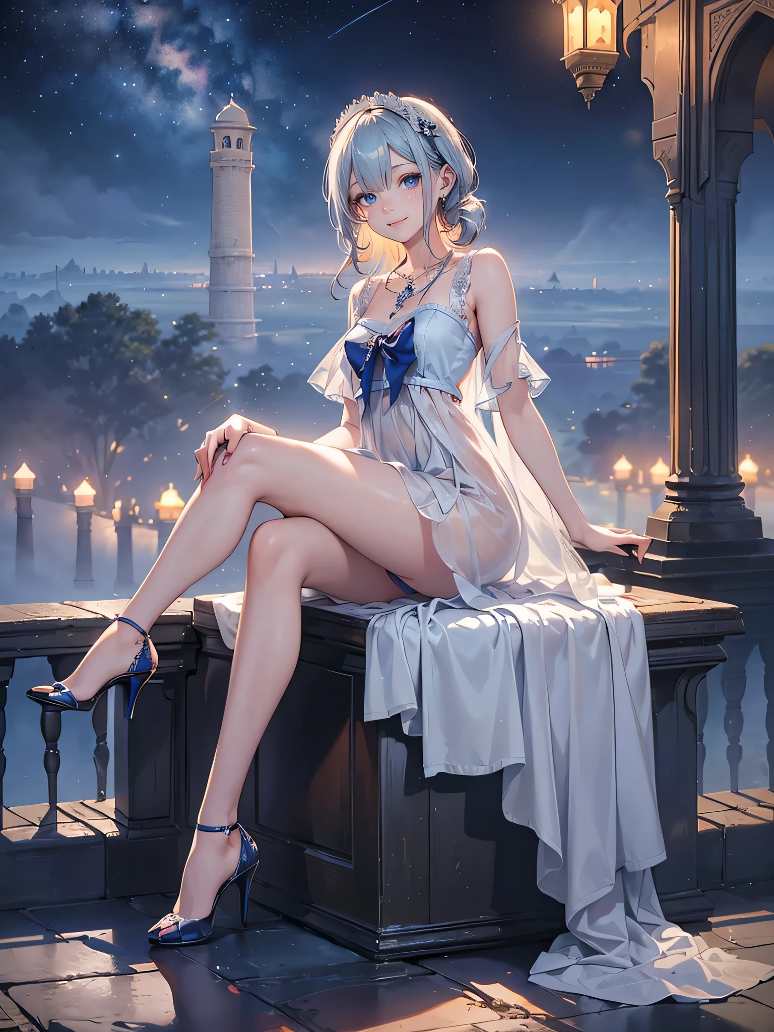 ((Biologically correct limb count)),(( From head to toe,Full-body photo including face)),4K,masterpiece,((Focus on the face)),((Symmetrical facial features)),Eyes with detailed description,Beautiful woman,Great style,Beautiful arms,Beautiful legs,Beautiful Hands,(Small Ass,Thin thighs),Detailed depiction of the face,Small earrings,necklace,(Will school uniform,dress((High heels))),((Outdoors at night, early morning)),(((blue blonde))),Realistic photo,Looking up,smile,((Sitting in front of the Taj Mahal,Panty shot)),Nobody is here,(Thick Fog)