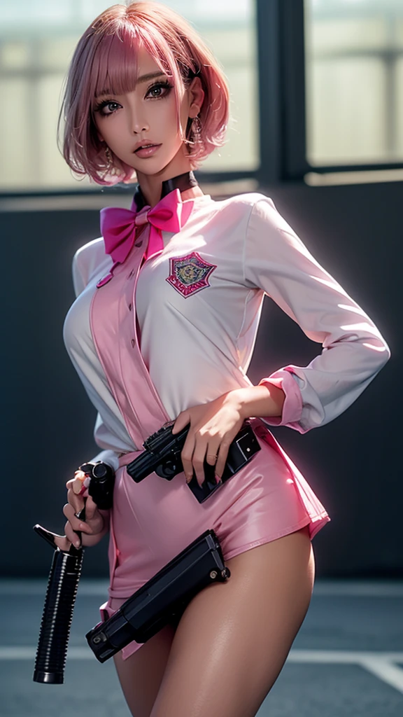 (Highest quality), Realistic, (live-action),(Short Hair,Sharp bangs)Showing off your crotch,Highest quality,Highest quality,8k images,Pink Hair,High heels,school uniform,(破れたschool uniform)Small face,((Big Breasts))Open legs and show panties,(((Holding a gun,Hold the gun you have:1.4))),