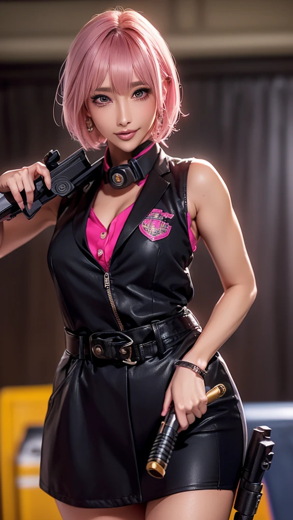 (Highest quality), Realistic, (live-action),(Short Hair,Sharp bangs)Showing off your crotch,Highest quality,Highest quality,8k images,Pink Hair,High heels,school uniform,(破れたschool uniform)Small face,((Big Breasts))Open legs and show panties,(((Holding a gun,Hold the gun you have:1.4))),