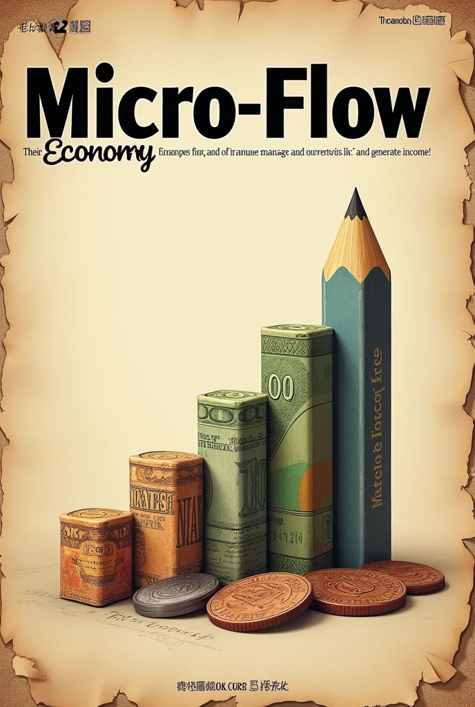 Can you create a cover for a magazine related to microeconomics?? It's about how to make money the name is "micro-flow
1. **Vintage Retro Old Poster Style**:
- **bottom**: A background that imitates aged paper or parchment, with wrinkle textures and worn edges in light brown and sepia tones.
- **Title**: "Micro-Flow" in a classic serif typeface, but with a modern touch, as if it were printed on an old typewriter.
- **Central Element**: A bar chart in the shape of an old advertisement box, with old banknotes and vintage coins. The bars could be represented by pencils or ink pens..
- **Caption**: "Economy with a classic touch" in cursive letters, as if it were handwritten with a fountain pen.
2. **Vintage 70s Psychedelic Style**:
- **bottom**: A background with wavy patterns in warm tones like brown, burnt orange and gold, evoking the 70s.
- **Title**: "Micro-Flow" in a psychedelic typography, with large, rounded letters, with deep shadows in dark brown.
- **Central Element**: A classic car (like a VW Beetle or a hippie van) loaded with bags of money, driving through a landscape of giant coins and dollar signs, all in a cartoon style.
- **Caption**: "Flow with style: Drive towards your financial future" in a retro cursive style.
3. **Vintage Industrial Style**:
- **bottom**: A background that simulates a rusty metal surface or an aged brick wall, in dark brown and rust tones.
- **Title**: "Micro-Flow" in an industrial typography, with large, metallic letters, as if it were engraved on a metal plate.
- **Central Element**: A set of gears in motion, with vintage coins and bills as part of the gears. The movement represents the flow of money over time..
- **Caption**: "The engine of