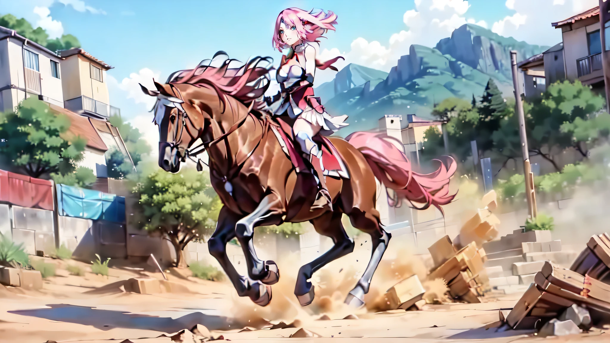 ((best quality)), ((anime masterpiece)), (high detailed), 8k, cinematic lighting, anime screencap, HDR, vivid color, sakura haruno riding a BROWN HORSE, (haruno sakura, medium hair, {pink hair}, medium breast, cleavage), determined face, (red armor, red gauntlet, red miniskirt, red boots), mountains, outdoor, open field, ((from side: 1.2)), anatomically correct