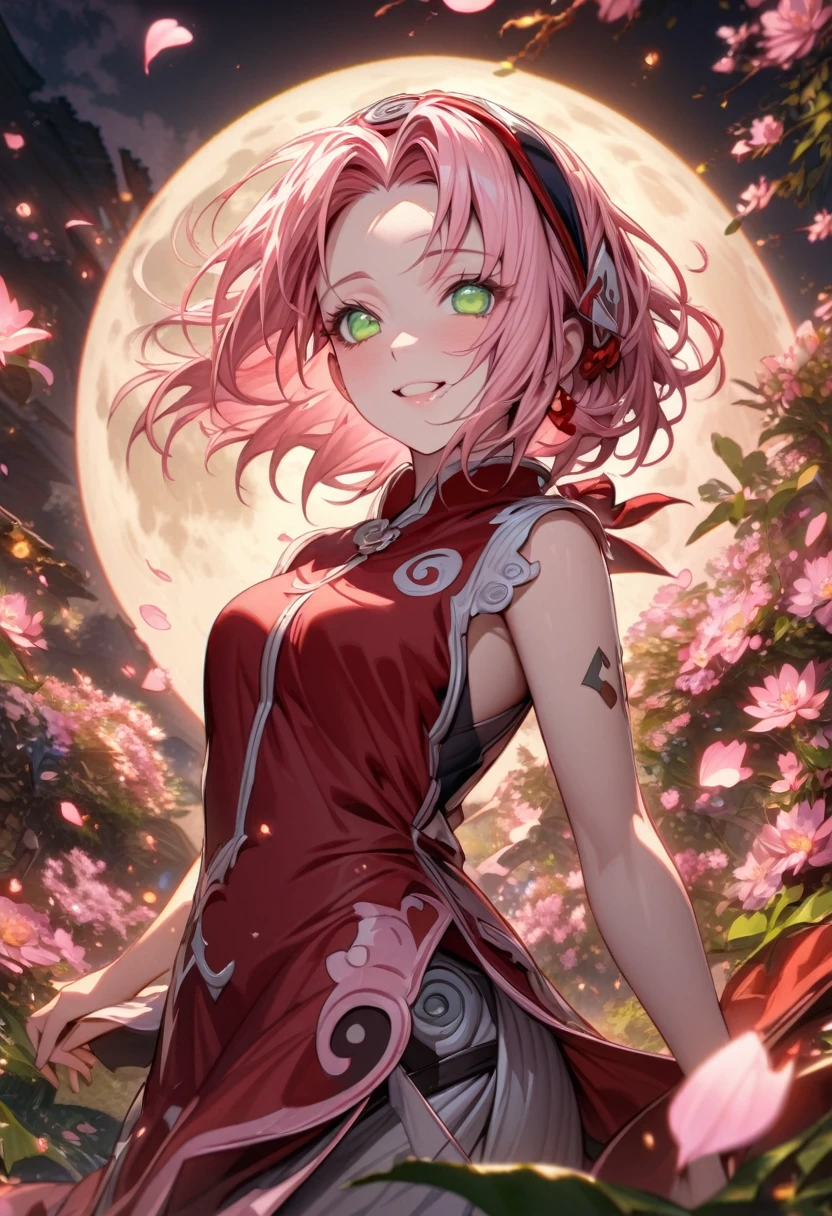 Ultra detailed, highres, absurdres, HDR, master piece, Haruno Sakura, pink short hair, expressive green eyes, Naruto Shippuden, pink flowers, petals, fireflies, moon, woman, solo, extremely beautiful, very detailed face and eyes, best quality, red clothes, smiling
