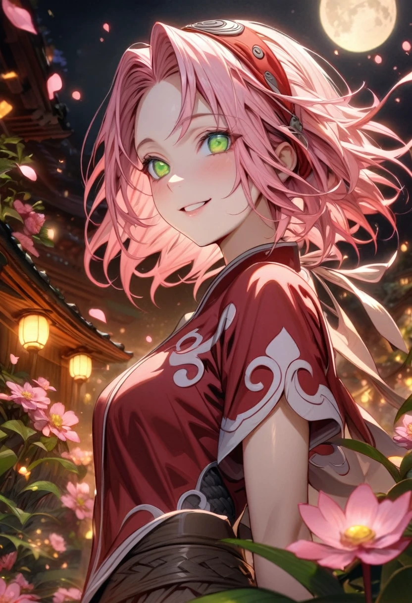 Ultra detailed, highres, absurdres, HDR, master piece, Haruno Sakura, pink short hair, expressive green eyes, Naruto Shippuden, pink flowers, petals, fireflies, moon, woman, solo, extremely beautiful, very detailed face and eyes, best quality, red clothes, smiling
