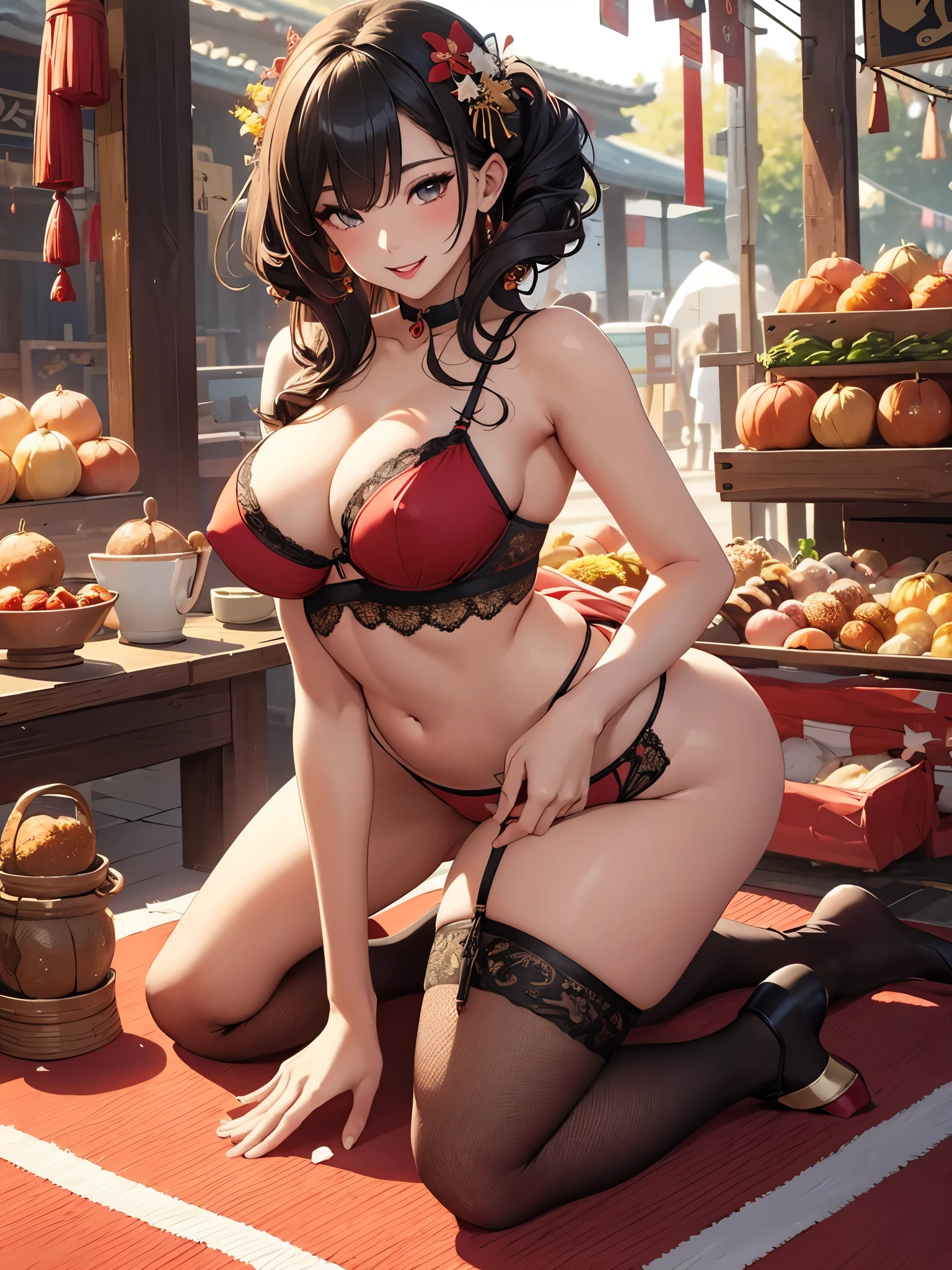High definition、Highest quality、 beauties、Glossy Skin、Skin like in the picture、Flowing hair texture、Various Hairstyles、Various hair colors、Red lips、G-cup bust、Smiling Beauty、Beautiful woman in cute casual Autumn outfit、 clothes、Belly button、Cleavage、Colorful garter belts and fishnet stockings、Beautiful girl with erect nipples、Standing pose、Beauty in sexy pose、Exposing her belly button、Japanese Festivals、fair、stall、Butt Exposure、Beautiful woman massaging her breasts、Lying、Colorful sexy lingerie、On all fours、Pretty lips、feminine、Skin like in the picture、Smiling Beauty、front、whole body、Glossy Skin、Flowing hair texture、Festive Dating、Going out: Buy food at a food stall、