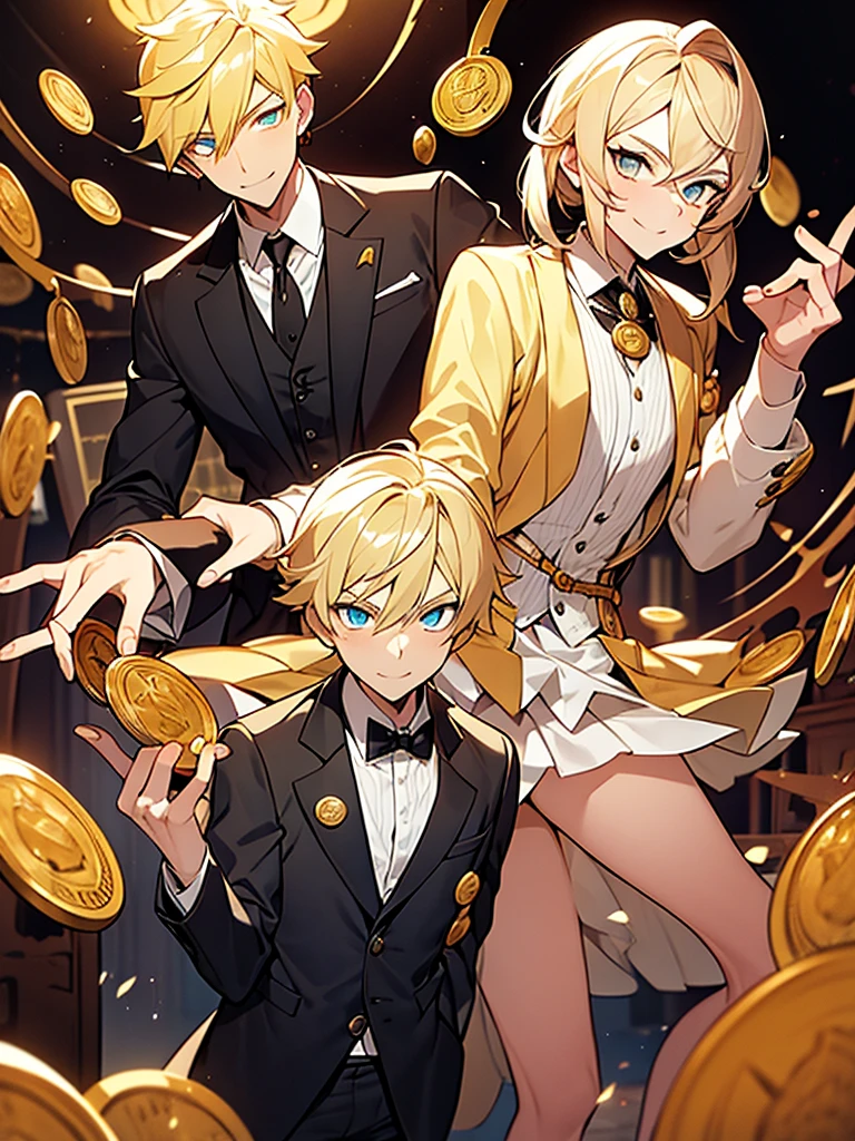 A boy, blond, with vibrant amber eyes, having a thin beard, a sarcastic smiling woman, wearing clothes, having a semi-suit or formal style exotic and creative anime. he is messing with some coins. Elegant and at the same time a con artist. He's in a kind of old anime style city.