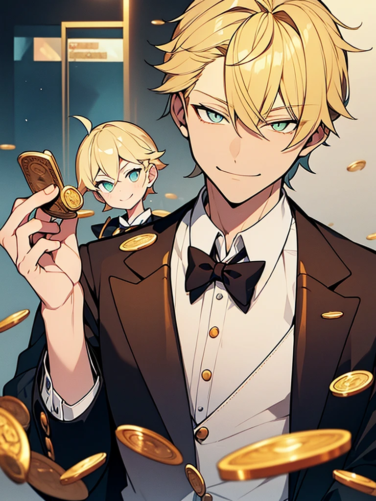 A boy, blond, with vibrant amber eyes, having a thin beard, a sarcastic smiling woman, wearing clothes, having a semi-suit or formal style exotic and creative anime. he is messing with some coins. Elegant and at the same time a con artist. He&#39;s in a kind of old anime style city.
