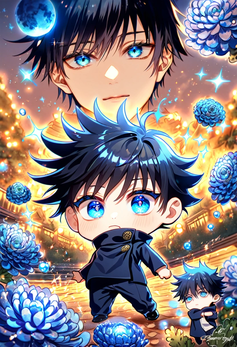 absurdres, highres, ultra detailed, HDR, master piece, best quality, extremely detailed, Fushiguro Megumi chibi, black hair, expressive blue eyes, Jujutsu Kaisen, solo, cute, jujutsu uniform, fantasy, water, sparkling, blue glittering fireflies, blue moon, blue blossoms, blue chrysanthemums, blue sparkling lights, starry sky