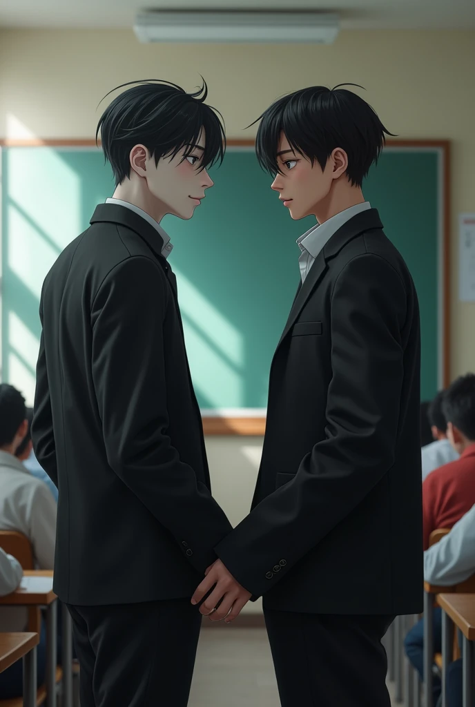 in the background a classroom, Two boys, a more muscular one in black, with white skin , and the other more effeminate with lipstick, more quietly