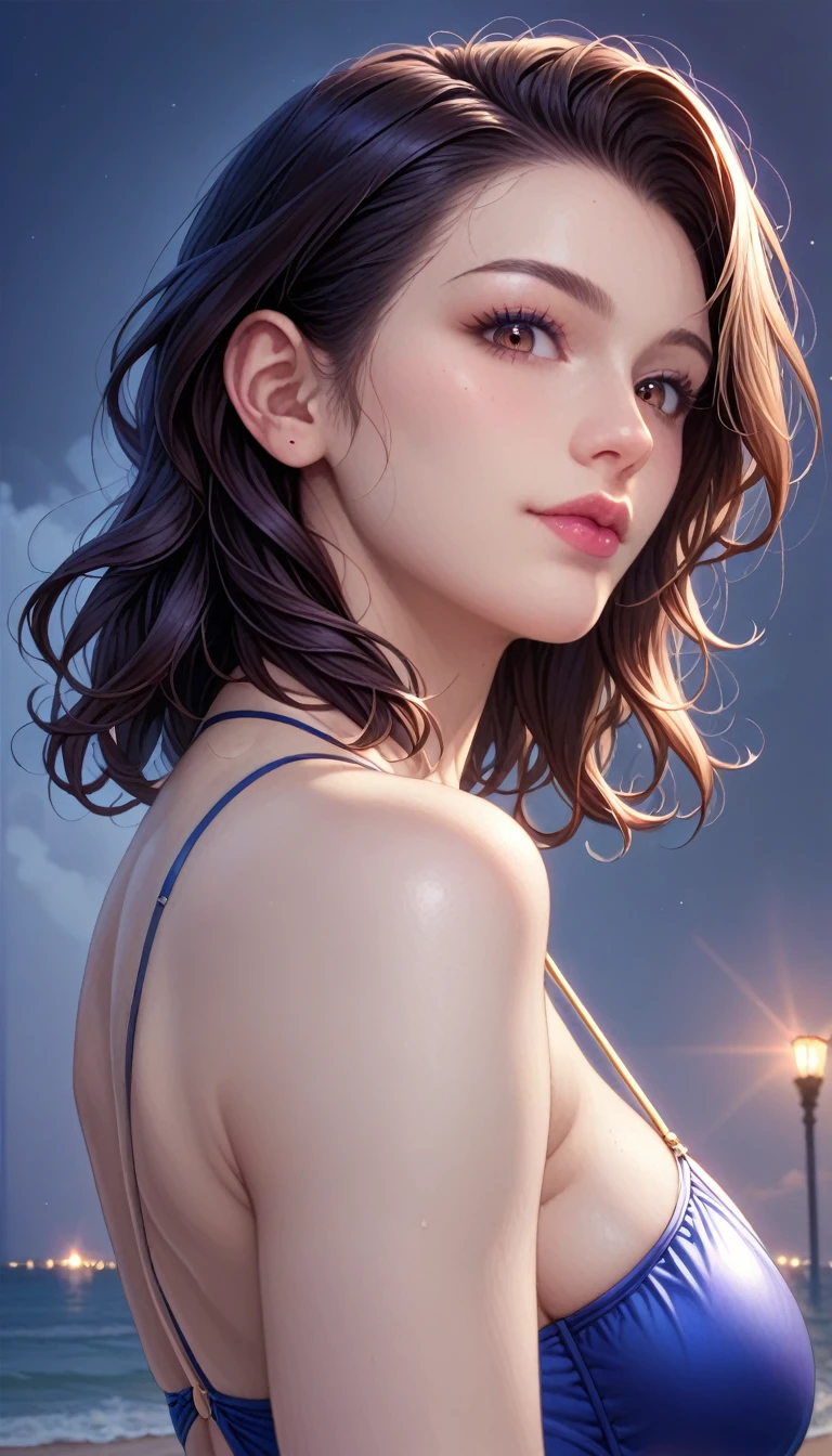 score_9, score_8_superior, score_7_superior, High resolution 3D anime style,A masterpiece in 32K resolution,Highest quality,it is really amazing,Very detailed,Ultra-high resolution,Ultra-realistic,Realistic,Increased depth of field,Cinematic lighting,
(Sexy mature Japan woman:1.2),
(black straight medium hair:1.1),(Ultra-detailed and beautiful face:1.1),(Calm and gentle look:1.1),Beautiful brown eyes,Translucent white skin,Realistic skin texture,Great proportions,
Elegant swimwear,
Summery design,Chic color scheme,Beautiful and delicate decoration,Detailed fabric texture,
(Dark overcast sky on a dull night:1.1),(Dark clouds filling the sky:1),(Thundercloud:1),Coastline at night,Stormy seas,(delay々A desolate sandy beach that continues:1),
(Beautiful back view:1.1),(Low - Angle:1.1),