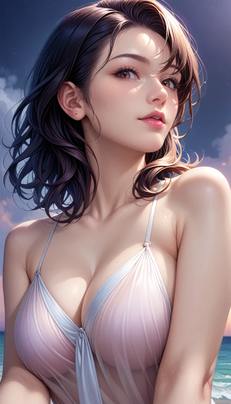 score_9, score_8_superior, score_7_superior, High resolution 3D anime style,A masterpiece in 32K resolution,Highest quality,it is really amazing,Very detailed,Ultra-high resolution,Ultra-realistic,Realistic,Increased depth of field,Cinematic lighting,
(Sexy mature Japan woman:1.2),
(black straight medium hair:1.1),(Ultra-detailed and beautiful face:1.1),(Calm and gentle look:1.1),Beautiful brown eyes,Translucent white skin,Realistic skin texture,Great proportions,
Elegant swimwear,
Summery design,Chic color scheme,Beautiful and delicate decoration,Detailed fabric texture,
(Dark overcast sky on a dull night:1.1),(Dark clouds filling the sky:1),(Thundercloud:1),Coastline at night,Stormy seas,(delay々A desolate sandy beach that continues:1),
(Beautiful back view:1.1),(Low - Angle:1.1),