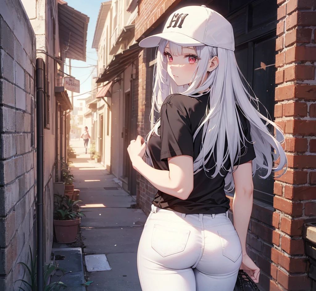 (Close-up:1.3),Realistic,Highest quality, Super detailed, High-quality CG rendering, The most delicate and beautiful, Floating softly, High resolution, (1 person), (Highest quality,4K,8k,masterpiece:1.2), Light purple hair,(Long Hair:1.5),Red eyes,(Black short sleeve T-shirt:1.4),(Pure white skinny jeans:1.4),(Pure white baseball cap:1.3),In the city,old buildings,Narrow Alley,(Turn your back to your audience:1.3),Butt