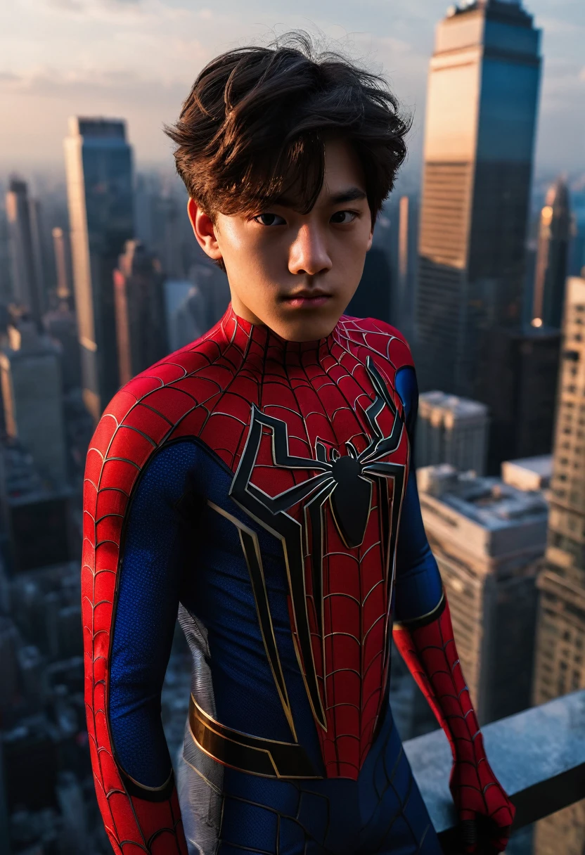 Asian  teenager with spiderman costume, sam raimi uniform style, on top of a skyscraper, bottom-up point of view, without maskin his face, mask in his hands, dark tone around him, ultra realistic, realistic shadows with scene lights, vfx, 4k, perfect hands, no anomalies, super real textured hair,((stunning visual effects, ArtStation, very beautiful graphics, CG), highest quality, masterpiece, dof, artistic lighting, rimlight) RAW, best quality,extremely detailed eyes