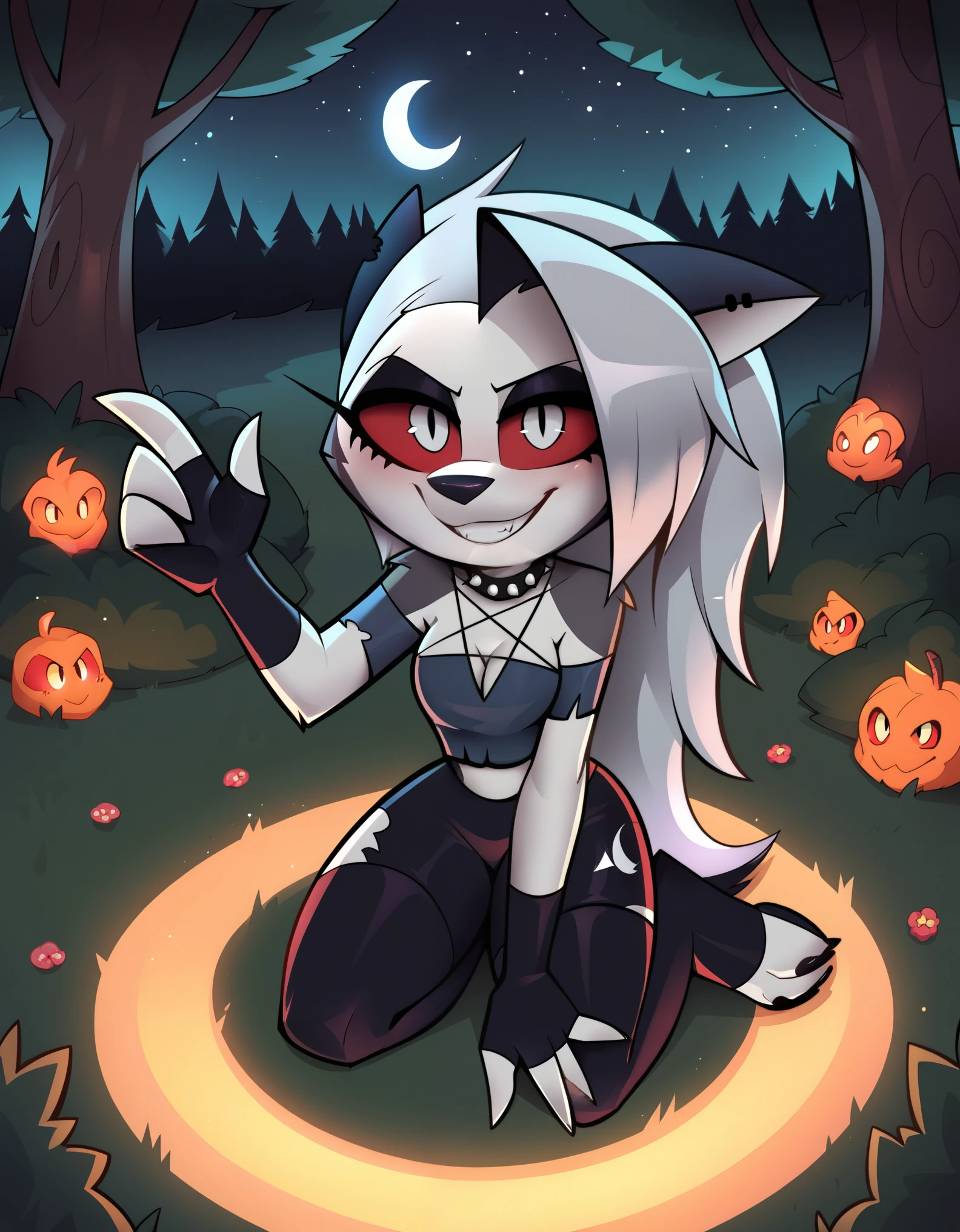 score_9_up, score_8_up, score_7_up, rating_safe, furry, anthro, solo, loona(jizokumode), hellhound, red sclera, loona (helluva boss), tanktop, fingerless gloves, excited, blep, forest, night, stars, crescent moon, solo, forced smile, 4 fingers, inverted pentagram,