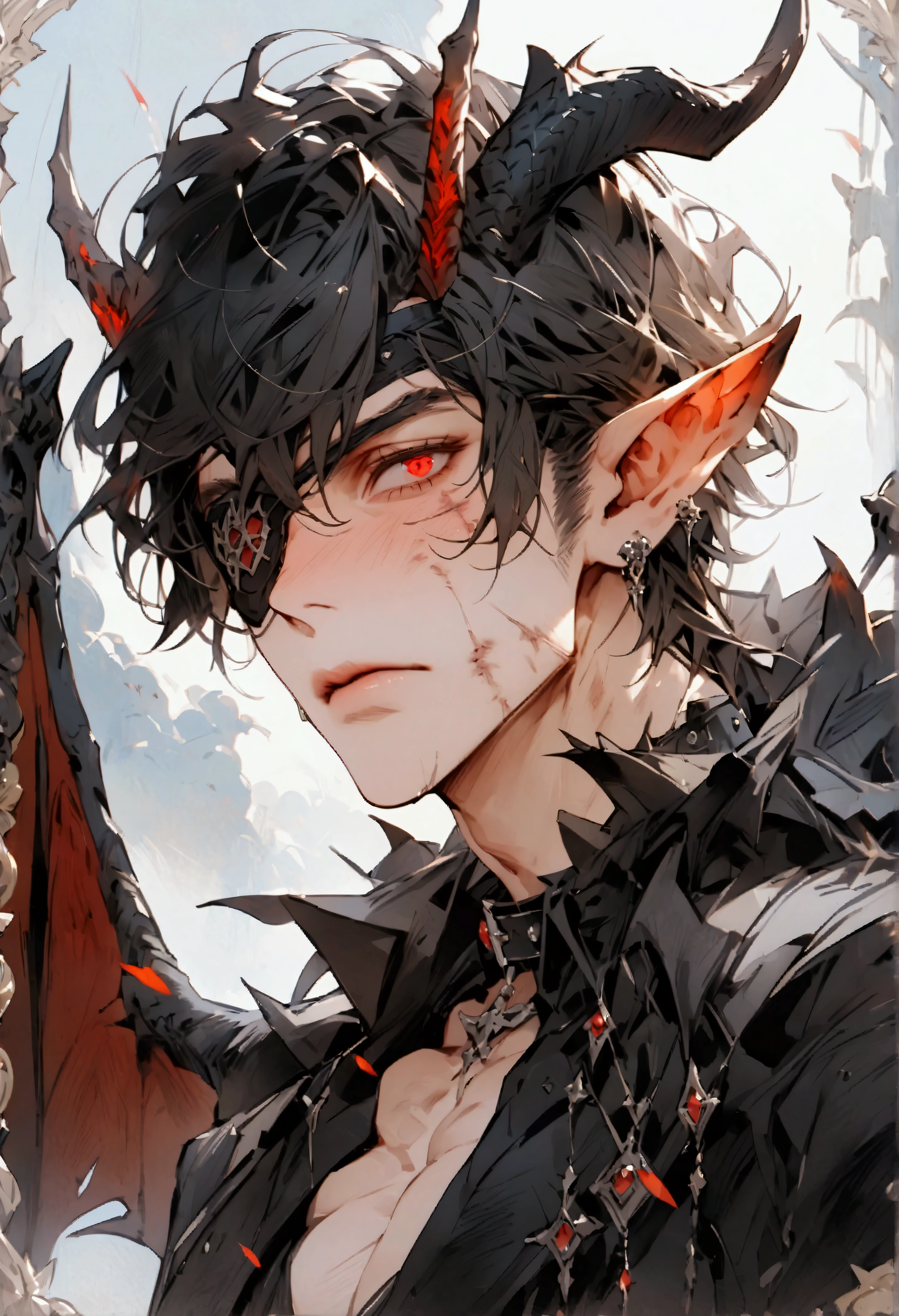 (masterpiece), highest quality, Expressive eyes, Perfect Face, male, black Hair, red Eyes, dragon Ears, Black Suit, Black trousers, Portraiture,, good looking, Apathetic and tired, dragon horns, dragon tail, bruised, full body, collar on neck, manly, muscular, full body shot, eye patch, fantasy garments, large dragon wings,