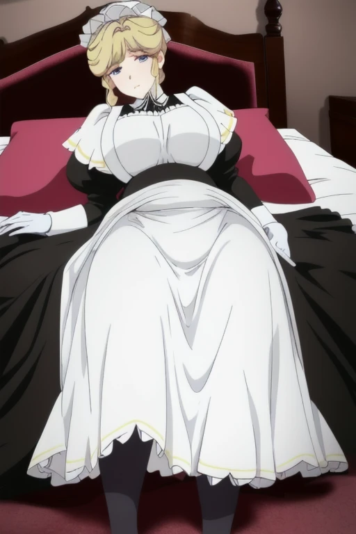 Maria_VM, huge_breasts, standing, solo, VIctorian_Maid_Uniform, masterpiece, best quality, detailed face, detailed eyes, highres, from below, white gloves, long skirt, leaning back, posing, laying down, bed, bedroom, groin, between legs