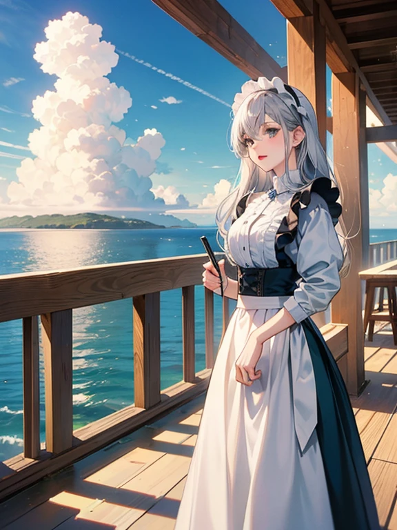 Pastel tones、High definition、Anime-like、The ocean can be seen beyond the gentle hills、High and blue sky、A shining white cumulonimbus cloud、Boardwalk、A young lady with silver hair, a half-green outfit, a long skirt and a cardigan, wearing a wide-brimmed white hat、A maid in classical maid outfit wearing a bonnet、Two Women