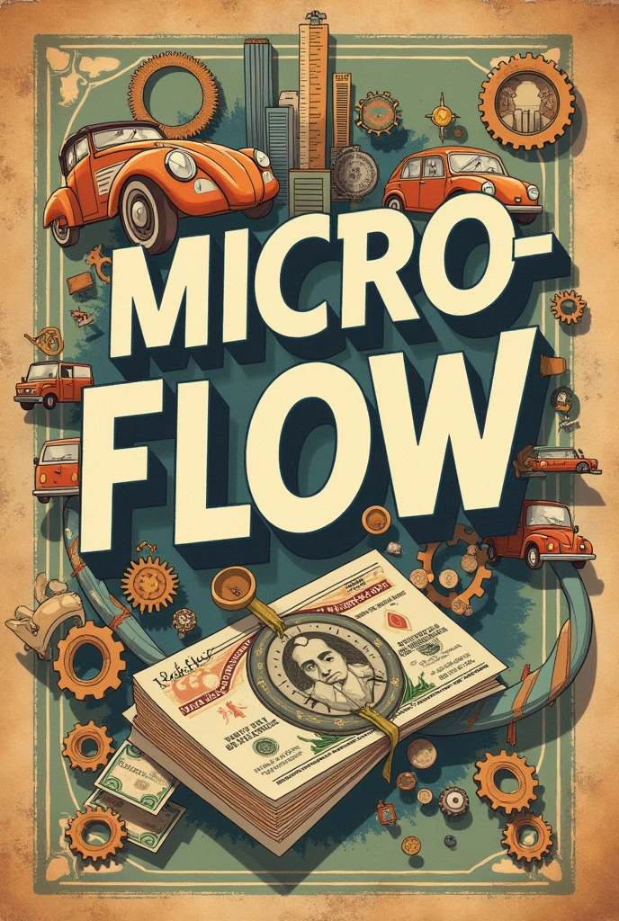 Can you create a cover for a magazine related to microeconomics?? It's about how to make money the name is "micro-flow
1. **Vintage Retro Old Poster Style**:
- **bottom**: A background that imitates aged paper or parchment, with wrinkle textures and worn edges in light brown and sepia tones.
- **Title**: "Micro-Flow" in a classic serif typeface, but with a modern touch, as if it were printed on an old typewriter.
- **Central Element**: A bar chart in the shape of an old advertisement box, with old banknotes and vintage coins. The bars could be represented by pencils or ink pens..
- **Caption**: "Economy with a classic touch" in cursive letters, as if it were handwritten with a fountain pen.
2. **Vintage 70s Psychedelic Style**:
- **bottom**: A background with wavy patterns in warm tones like brown, burnt orange and gold, evoking the 70s.
- **Title**: "Micro-Flow" in a psychedelic typography, with large, rounded letters, with deep shadows in dark brown.
- **Central Element**: A classic car (like a VW Beetle or a hippie van) loaded with bags of money, driving through a landscape of giant coins and dollar signs, all in a cartoon style.
- **Caption**: "Flow with style: Drive towards your financial future" in a retro cursive style.
3. **Vintage Industrial Style**:
- **bottom**: A background that simulates a rusty metal surface or an aged brick wall, in dark brown and rust tones.
- **Title**: "Micro-Flow" in an industrial typography, with large, metallic letters, as if it were engraved on a metal plate.
- **Central Element**: A set of gears in motion, with vintage coins and bills as part of the gears. The movement represents the flow of money over time..
- **Caption**: "The engine of