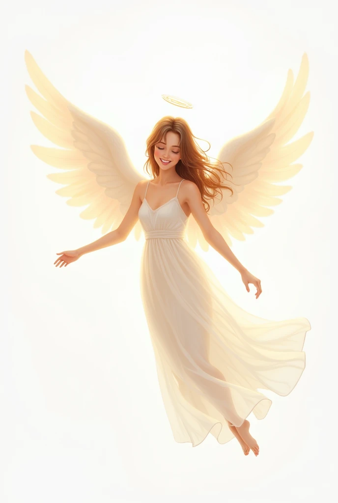 It's cute with a white theme.。She is angelic and smiling gently.。Please write in the style of the illustration。