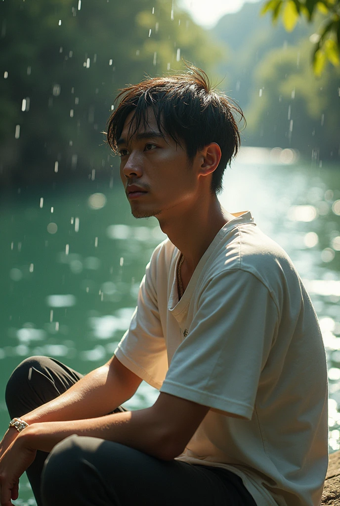 a young man sitting at the edge of a river, rain, crazy bald hair wearing a white shirt, hot sunlight, in the sadness of hopeful gaze