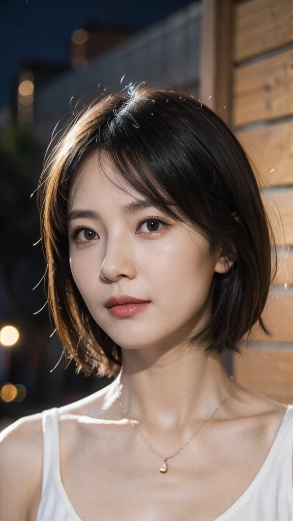 Model actress、One Woman、cool、Japanese and half European、Close-up of face、30 generation beauty、Realistic Skin、night、Outdoor、summer、short hair