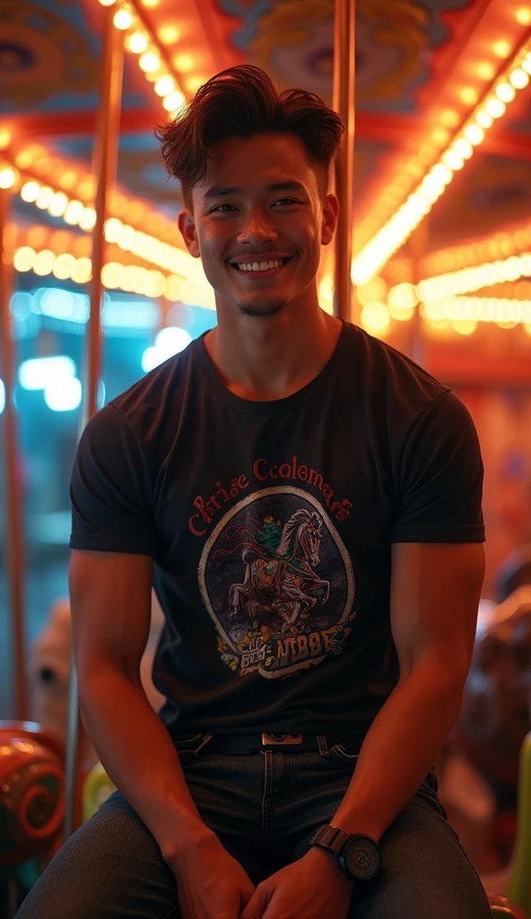 photorealistic, best quality, masterpiece, extremely detailed, sexy, homoerotic, extremely handsome, youthful good looks, 25 year old vietnamese man, very muscular bodybuilder, fitted graphic print tshirt, tight jeans, big smile, happy, sitting on carousel horse merrygoround, at funfair carnival, at midnight, front view, ambient lighting, dramatic shadows, extremely romantic atmosphere, perfect face, perfect fingers, perfect hands, perfection