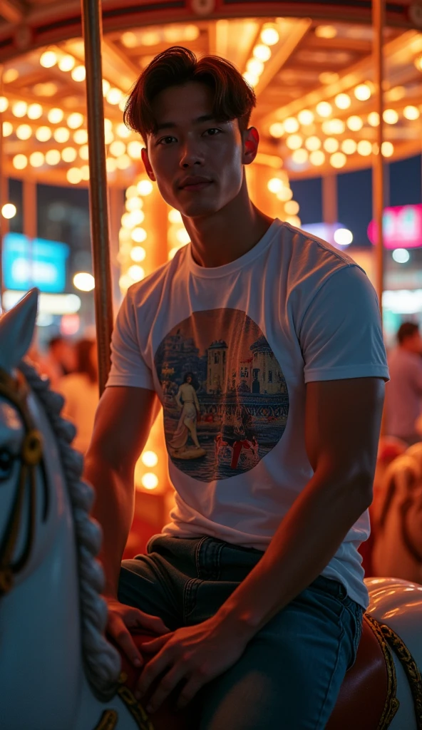 photorealistic, best quality, masterpiece, extremely detailed, sexy, homoerotic, extremely handsome, youthful good looks, 25 year old vietnamese man, very muscular bodybuilder, fitted graphic print tshirt, tight jeans, big smile, happy, sitting on carousel horse merrygoround, at funfair carnival, at midnight, front view, ambient lighting, dramatic shadows, extremely romantic atmosphere, perfect face, perfect fingers, perfect hands, perfection