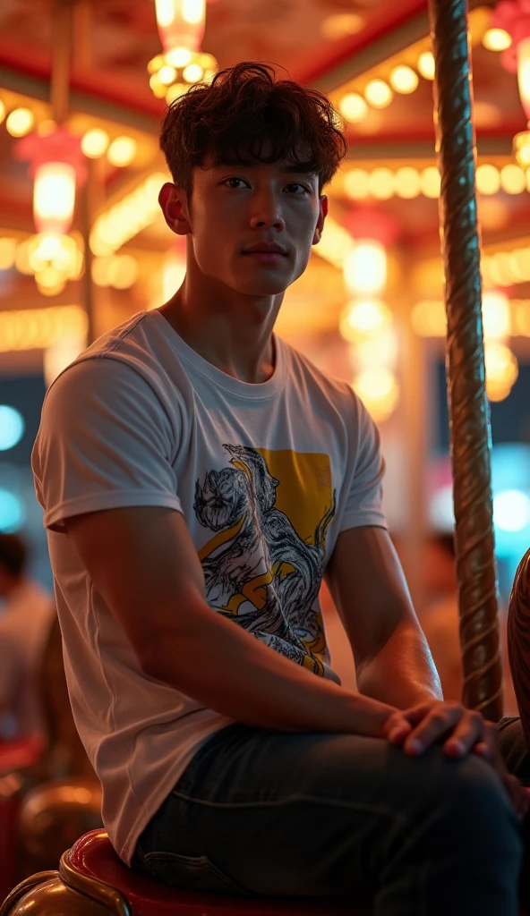photorealistic, best quality, masterpiece, extremely detailed, sexy, homoerotic, extremely handsome, youthful good looks, 25 year old vietnamese man, very muscular bodybuilder, fitted graphic print tshirt, tight jeans, big smile, happy, sitting on carousel horse merrygoround, at funfair carnival, at midnight, front view, ambient lighting, dramatic shadows, extremely romantic atmosphere, perfect face, perfect fingers, perfect hands, perfection
