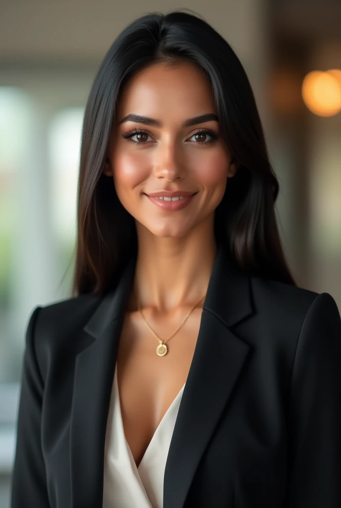 Latin woman, of 1,80 meters tall, thin brunette, straight black hair without waves, large eyes, elongated profile , filena nose, medium thick lips, with a beautiful smile, professional, sophisticated executive, working in digital marketing and graphic design.