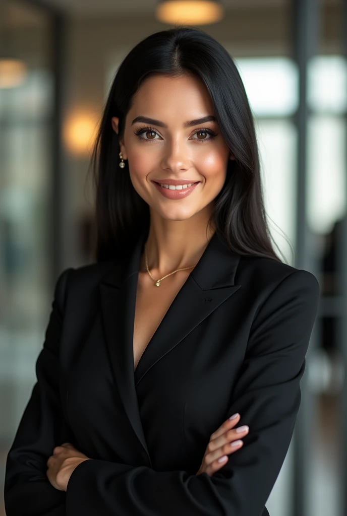 Latin woman, of 1,80 meters tall, thin brunette, straight black hair without waves, large eyes, elongated profile , filena nose, medium thick lips, with a beautiful smile, professional, sophisticated executive, working in digital marketing and graphic design.