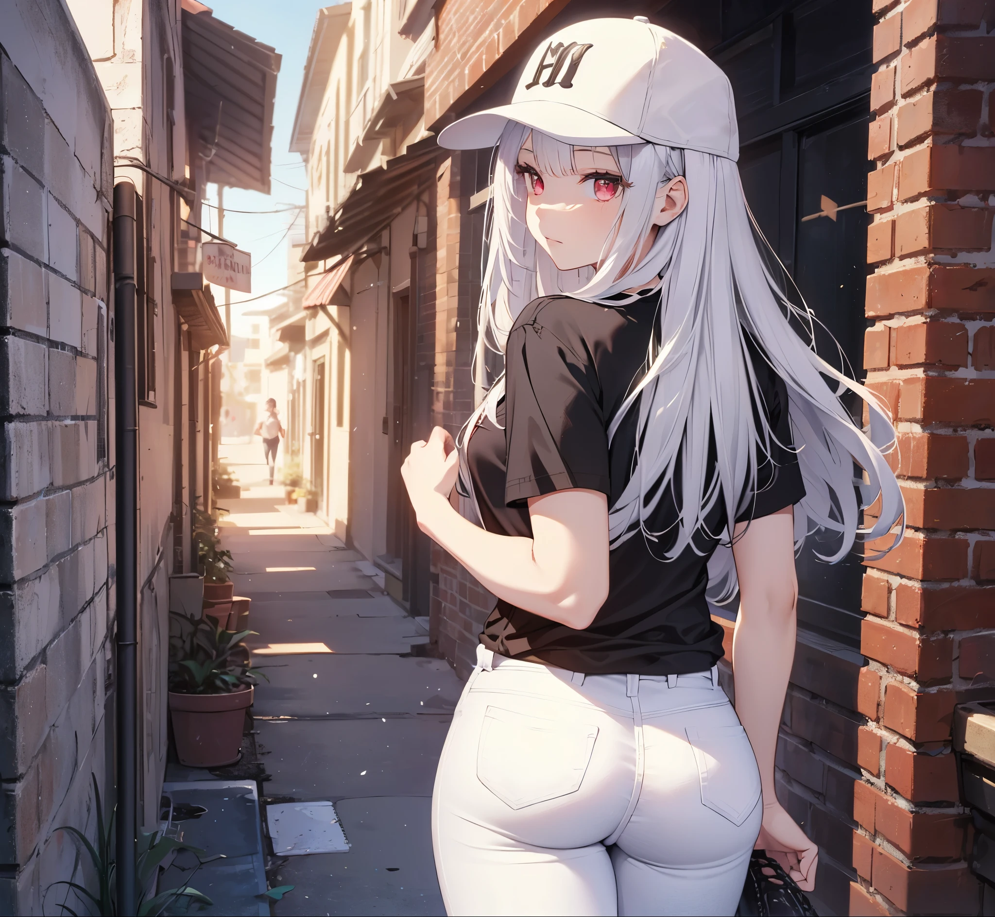 (Close-up:1.3),Realistic,Highest quality, Super detailed, High-quality CG rendering, The most delicate and beautiful, Floating softly, High resolution, (1 person), (Highest quality,4K,8k,masterpiece:1.2), Light purple hair,(Long Hair:1.5),Red eyes,(Black short sleeve T-shirt:1.4),(Pure white skinny jeans:1.4),(Pure white baseball cap:1.3),In the city,old buildings,Narrow Alley,(Turn your back to your audience:1.3),Butt