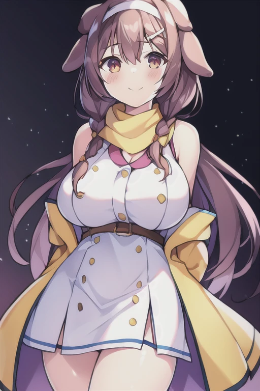 1girl, Korone, smile, dog ears, twin braids, sidelocks, hair ornament, ((white dress)), yellow jacket, dress, jacket, open clothes, open jacket, short dress, sleeveless dress, huge breasts, thick thighs, tall, tall female, mature female, bandana, scarf, hourglass figure, arms behind back, standing, ((arms behind back)), ((scarf))
