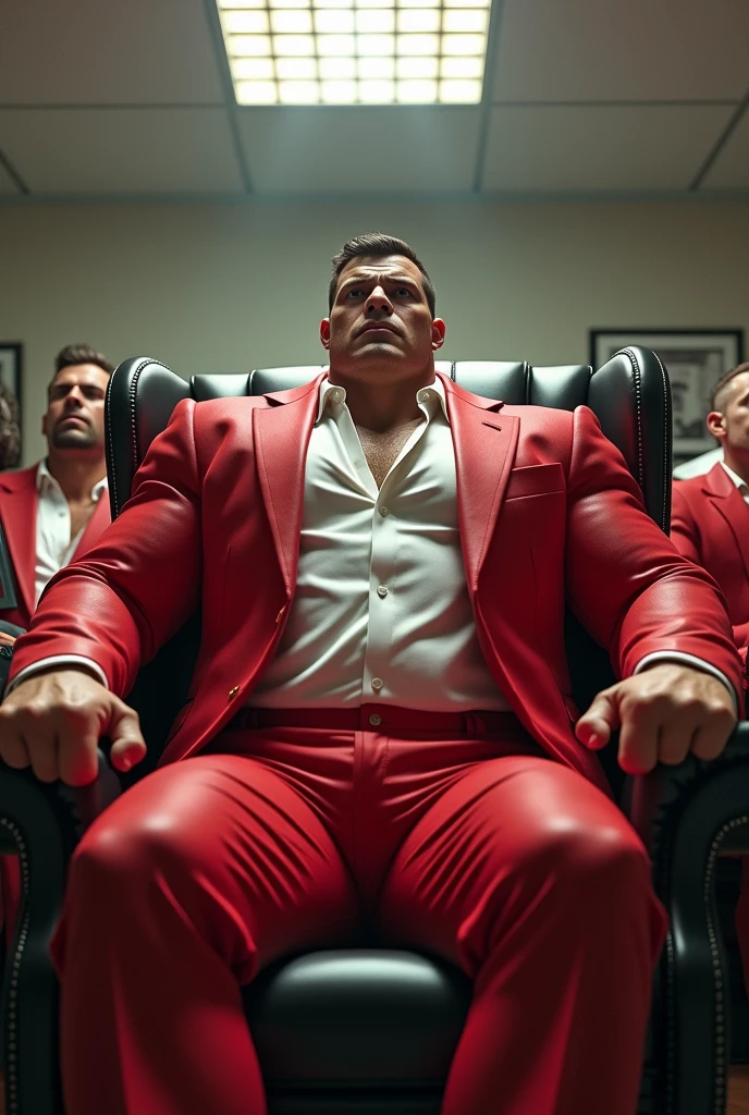 Big giant body builder men wearing unbuttoned red and white suit in office on chair