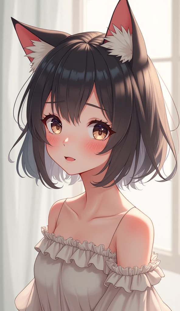 one girl, anime style, cat ears, off shoulder