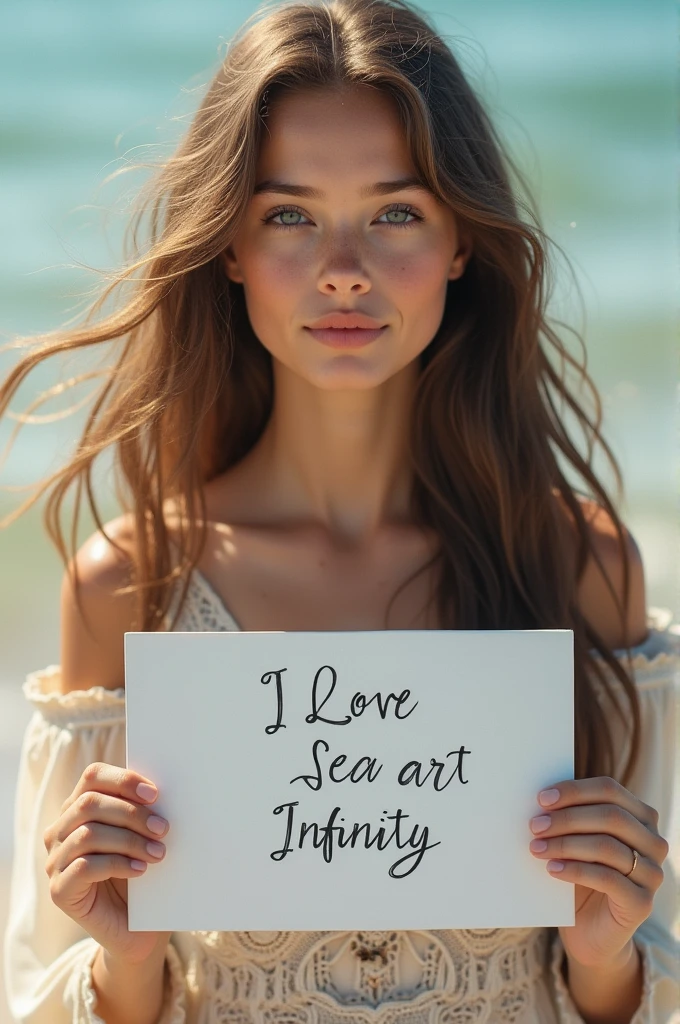 Beautiful girl with wavy long hair, bohemian dress, holding a white board with text "I Love Seaart Infinity" and showing it to the viewer