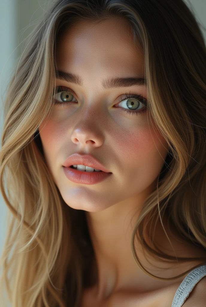 beautiful young blonde , 18-years old, long dark blonde hair wavy at the ends, thick and black eyebrows, big, light green eyes, full, pink mouth, gorgeous face, hole in the chin, photo 100% realisitic, ultra real details, foto onlyfans. onlyfans real