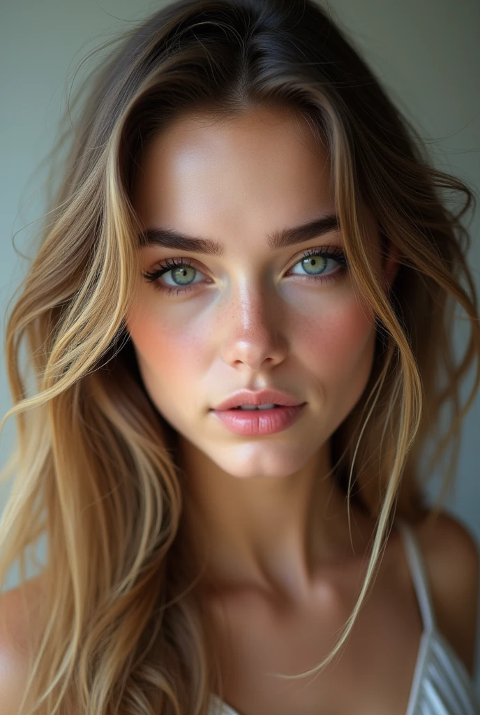 beautiful young blonde , 18-years old, long dark blonde hair wavy at the ends, thick and black eyebrows, big, light green eyes, full, pink mouth, gorgeous face, hole in the chin, photo 100% realisitic, ultra real details, foto onlyfans. onlyfans real