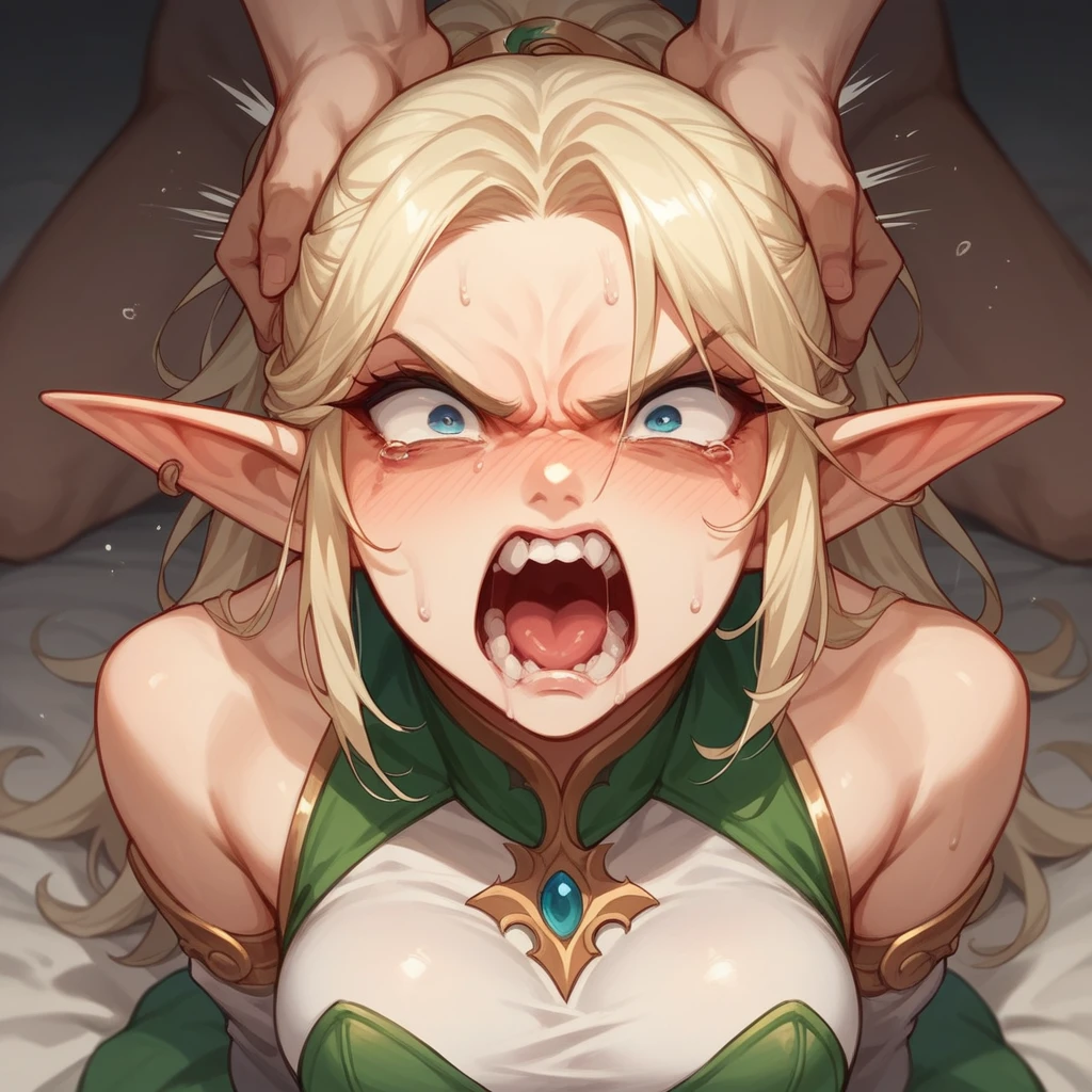 elf woman, angry yelling in frustration, she has a flushed face