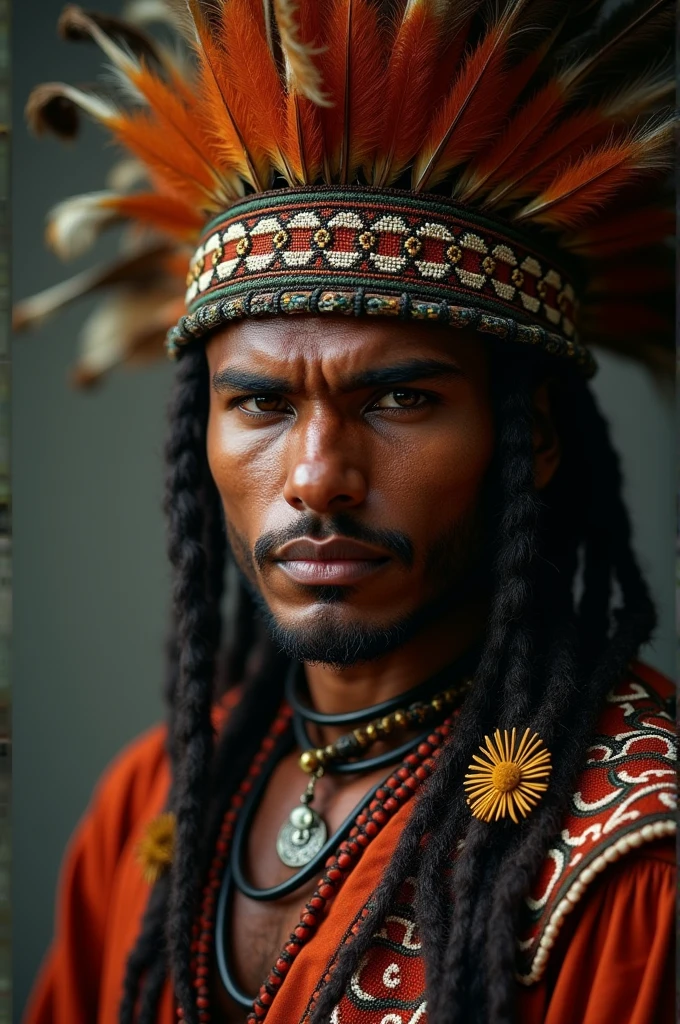 Brazilian indigenous man in traditional indigenous clothing, Cao Cao, dark and handsome, com cabelos de fogo