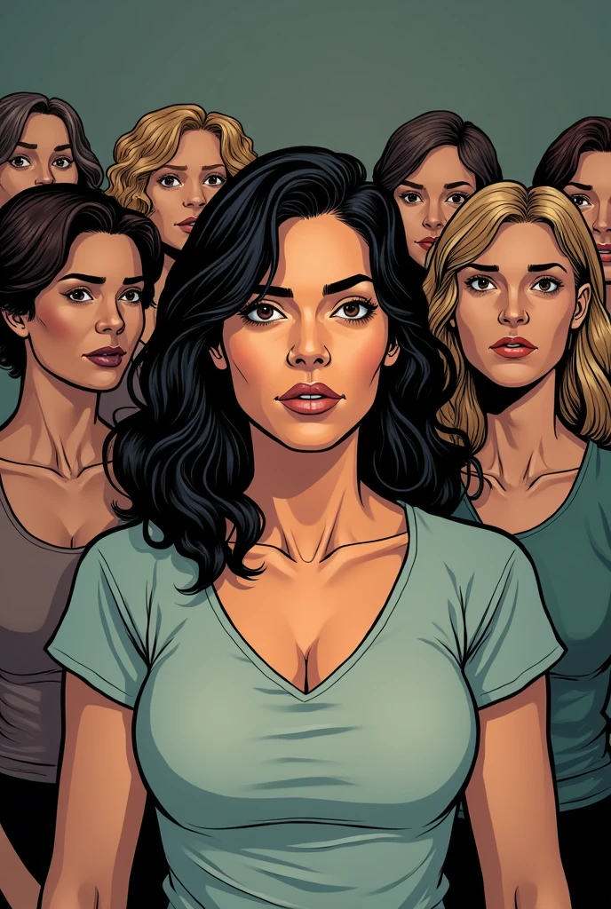 Draw a comic book style drawing of a woman who is being abused by her husband in a support group with other women who have overcome violence and she is smiling slightly for having overcome violence against her husband.