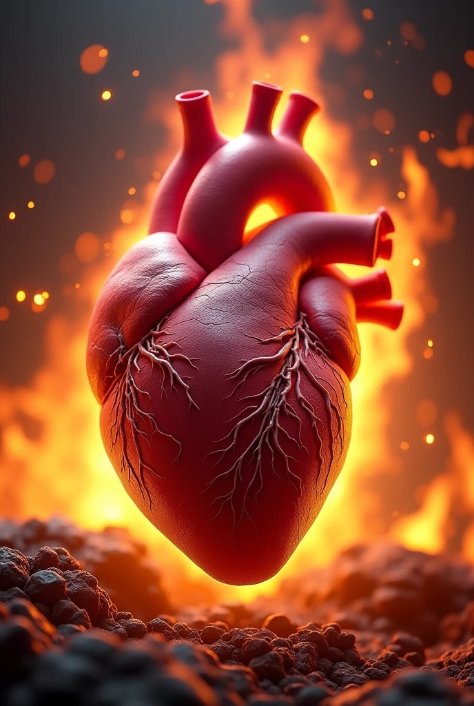 Human heart with burning background
