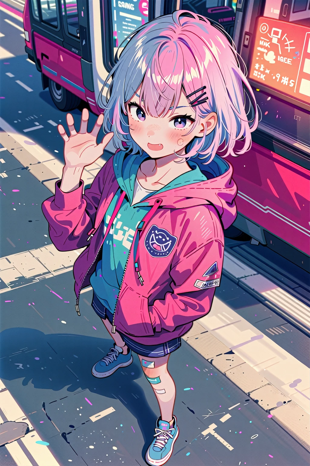 anime girl with pink hair and blue eyes standing on a street, anime style 4 k, anime style. 8k, anime art wallpaper 8 k, anime art wallpaper 4 k, anime art wallpaper 4k, 4k anime wallpaper, anime wallpaper 4 k, anime wallpaper 4k, best anime 4k konachan wallpaper, 4 k manga wallpaper, cute anime girl