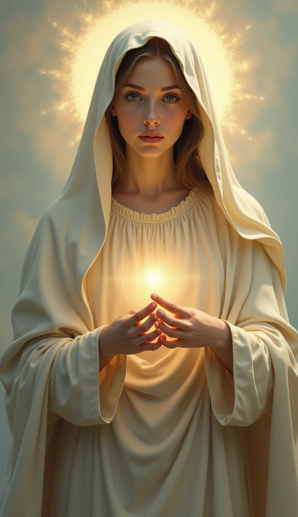 Beautiful young Virgin Mary with open arms looking down at the camera