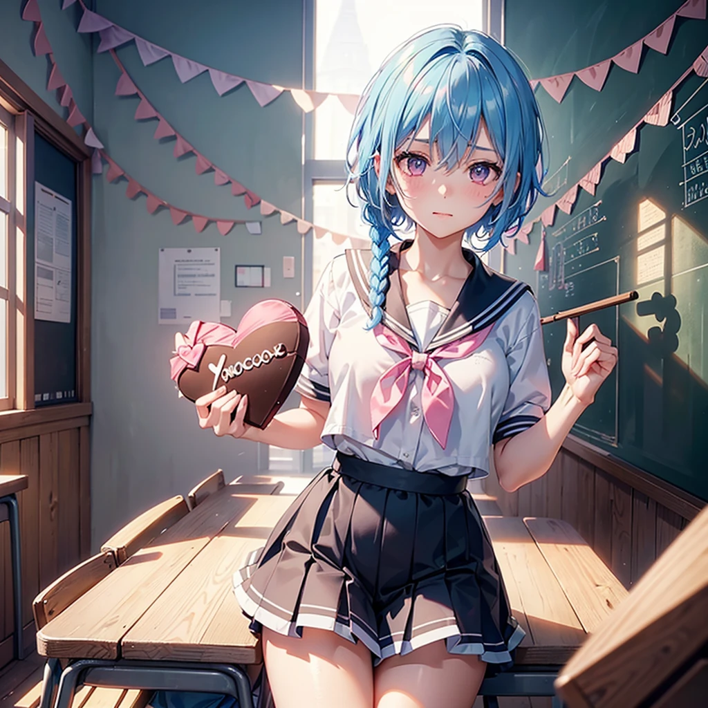 Sky blue hair,Braided short hair,Pink Eyes,Fair skin,whole body,one person,Embarrassed,The background is a school classroom,((I love you lettering on a blackboard)),(Heart-shaped chocolate),(Hand it forward with both hands),Sailor suit,valentineday,masterpiece, Highest quality, Very detailed, Best Shadow,Detailed Background,Beautifully detailed face,High Contrast,Best lighting,Very delicate and beautiful,Cinematic Light,Hyper Detail,8k,Dramatic Light, Intricate details,