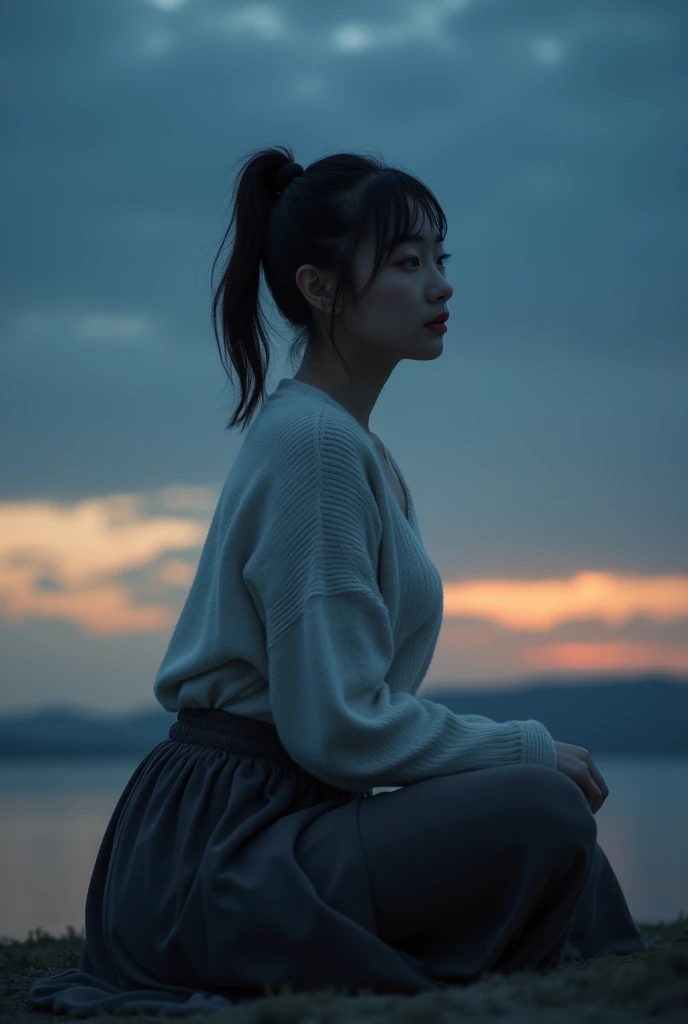 Top quality, 1 beautiful woman, 20 years old, slit eyes, super short hair, high ponytail, brown hair, V-neck-sweater, Maxi skirt, half-smile, midnight, cowboy shot, lotus position, crawling position, curvy, f cup, Monolid, Narrow eyes, Thin lips, Average face of Japanese MILFs, looking over one's shoulder