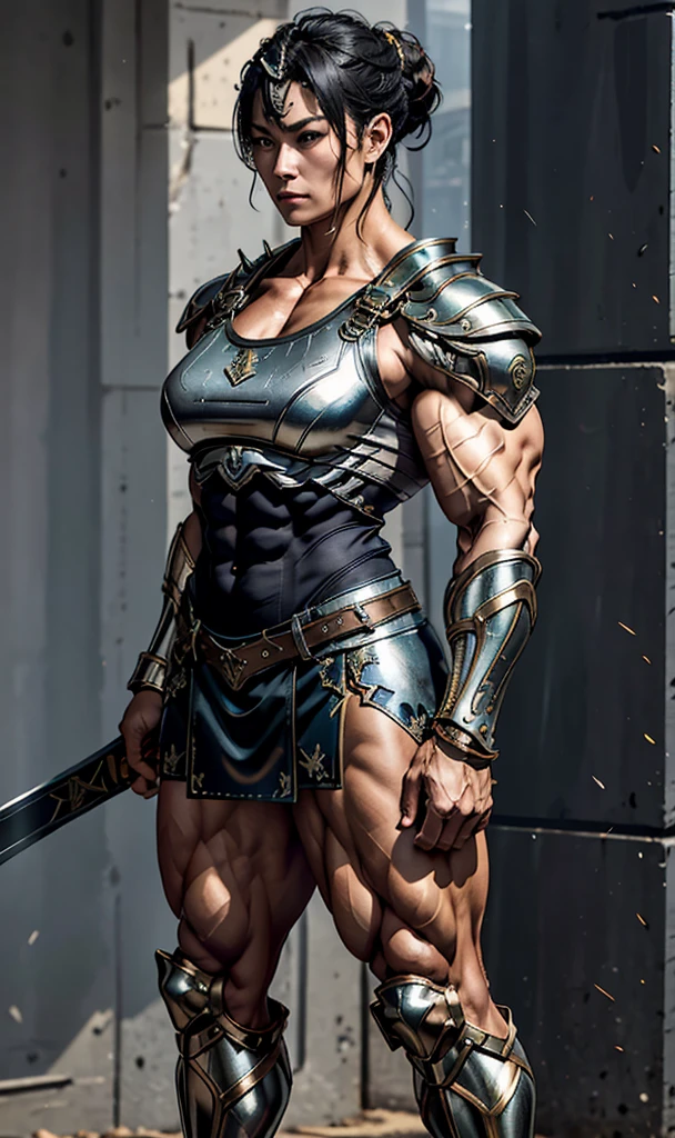 Highest quality、４K８K、One female、((Full body image))、((A woman with a massive muscular physique))、60-year-old woman、Valkyrie General、Height: 185cm、Weight 120g、Medieval metal armor、Ornately decorated ceremonial armor、((Metal armor with lots of exposed skin))、Metal Boots、Stiletto boots、With a huge long sword、(No sleeve)、((Metallic ultra-mini skirt))、((Male bodybuilder with large physique))、bulging muscles、Protruding veins、((Thick and strong neck))、Developed trapezius muscles、Six-pack、Male bodybuilder chest、((Strong muscular thighs))、bulging calf muscles、Model standing、The Queen's Appearance、A Majestic General、Possesses incredible strength、Black-haired chignon、Valkyrie Hair Ornament、A lot of sweat oozing out