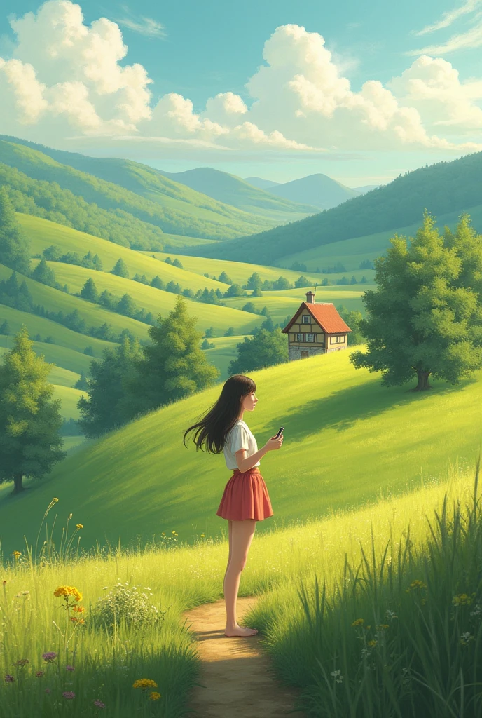 Image of a girl going to the countryside more realistic the tallest girl