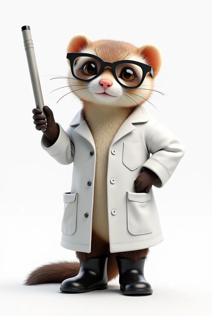 Ferret in a white coat, boots, lab glasses with a whiteboard indicator in his hand 