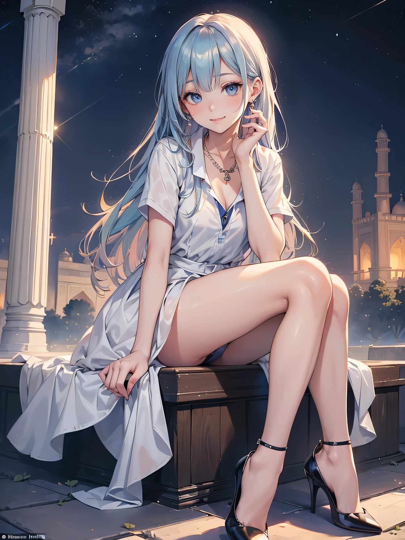 ((Biologically correct limb count)),(( From head to toe,Full-body photo including face)),4K,masterpiece,((Focus on the face)),((Symmetrical facial features)),Eyes with detailed description,Beautiful woman,Great style,Beautiful arms,Beautiful legs,Beautiful Hands,(Small Ass,Thin thighs),Detailed depiction of the face,Small earrings,necklace,(Will school uniform,dress((High heels))),((Outdoors at night, early morning)),(((blue blonde))),Realistic photo,Looking up,smile,((Sitting in front of the Taj Mahal,Panty shot)),Nobody is here,(Thick Fog)